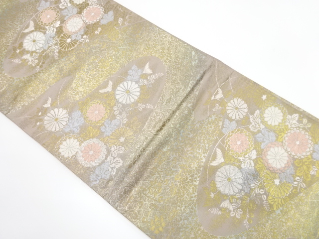 ヱ霞に菊・花唐草模様織り出し　袋帯